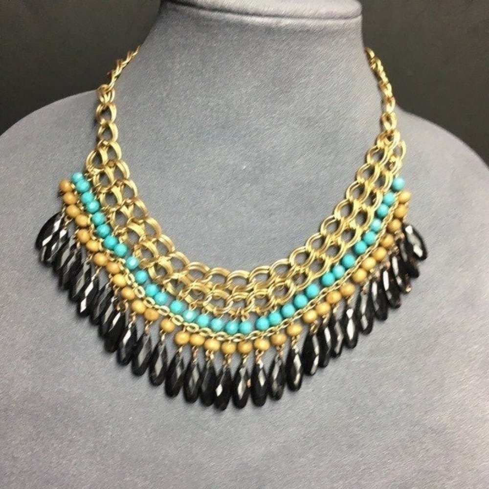Bib Statement Necklace Gold Turquoise Black Beige Dangle Retro Boho